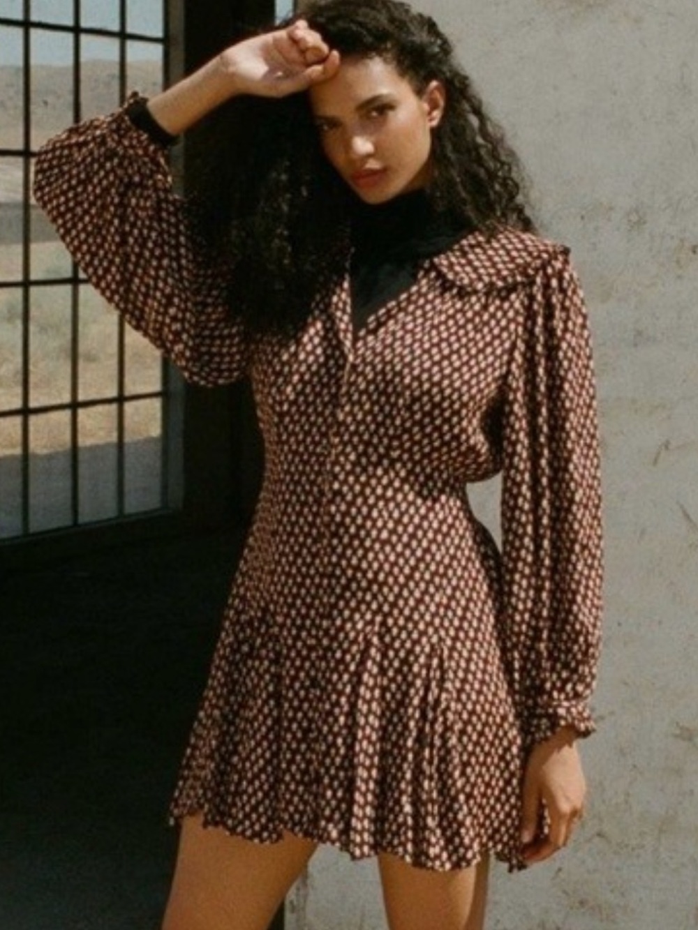 Dôen Camden Brown and Tan Printed Long Sleeve Mini Shirt Dress